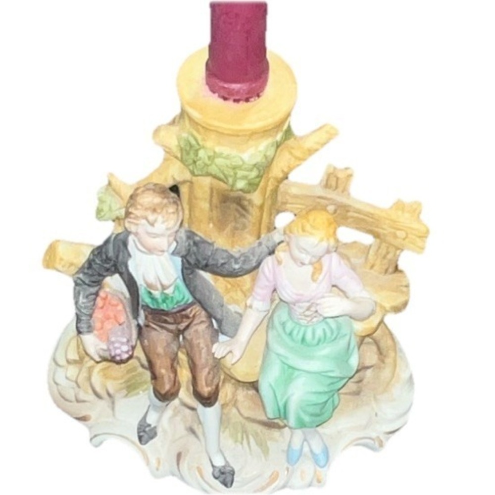 Porcelain Romantic Couple Figurine Candle Holder Hand Painted Multicolor